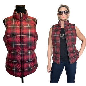 EDDIE BAUER Red Plaid Check Tartan quilted goose Down Puffer Vest Jacket EUC